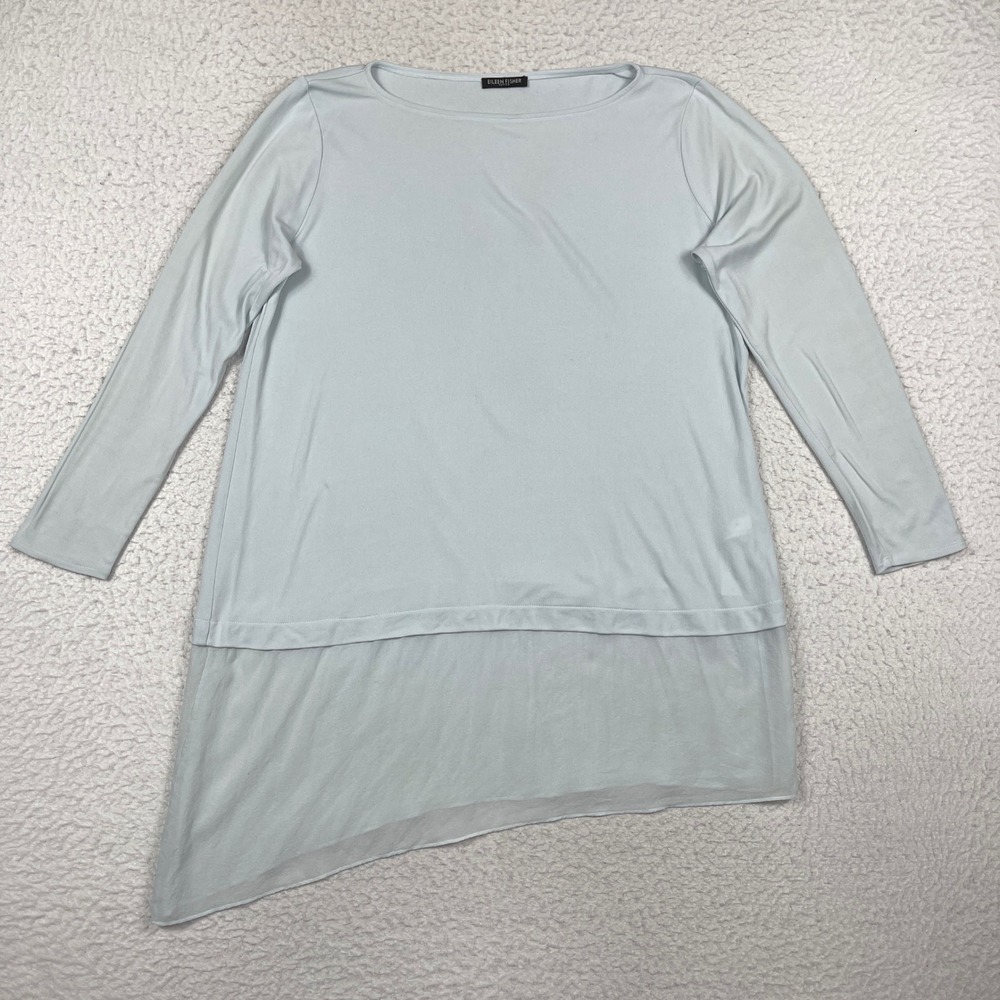 Eileen Fisher Tunic Top Womens XL Petite Light Blue Silk Asymmetric Minimalist